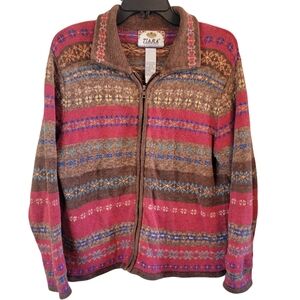 Y2K Tiara International Brown Tan Red Nordic Print Zip Up Sweater